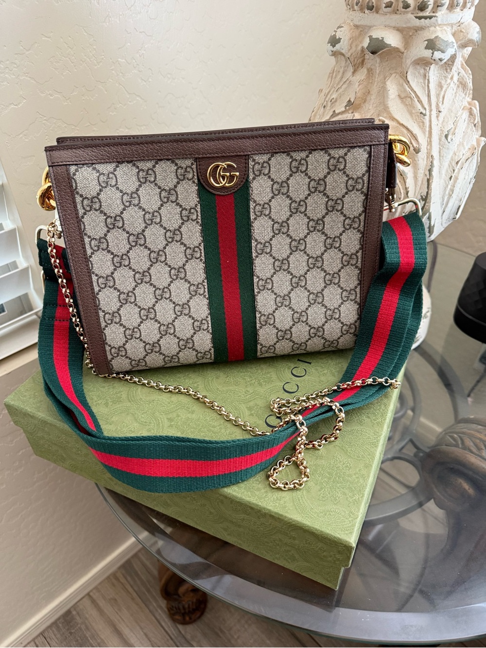 Gucci Brown GG Supreme Crossbody with Green and Red Web Stripe with added chain - Picture 2 of 4